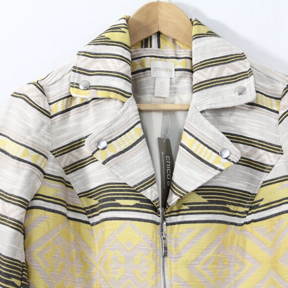 Women Moto Jacket New sz 0 Small Chico's Aztec Print Coat Zipper Jacquard - Picture 2 of 12
